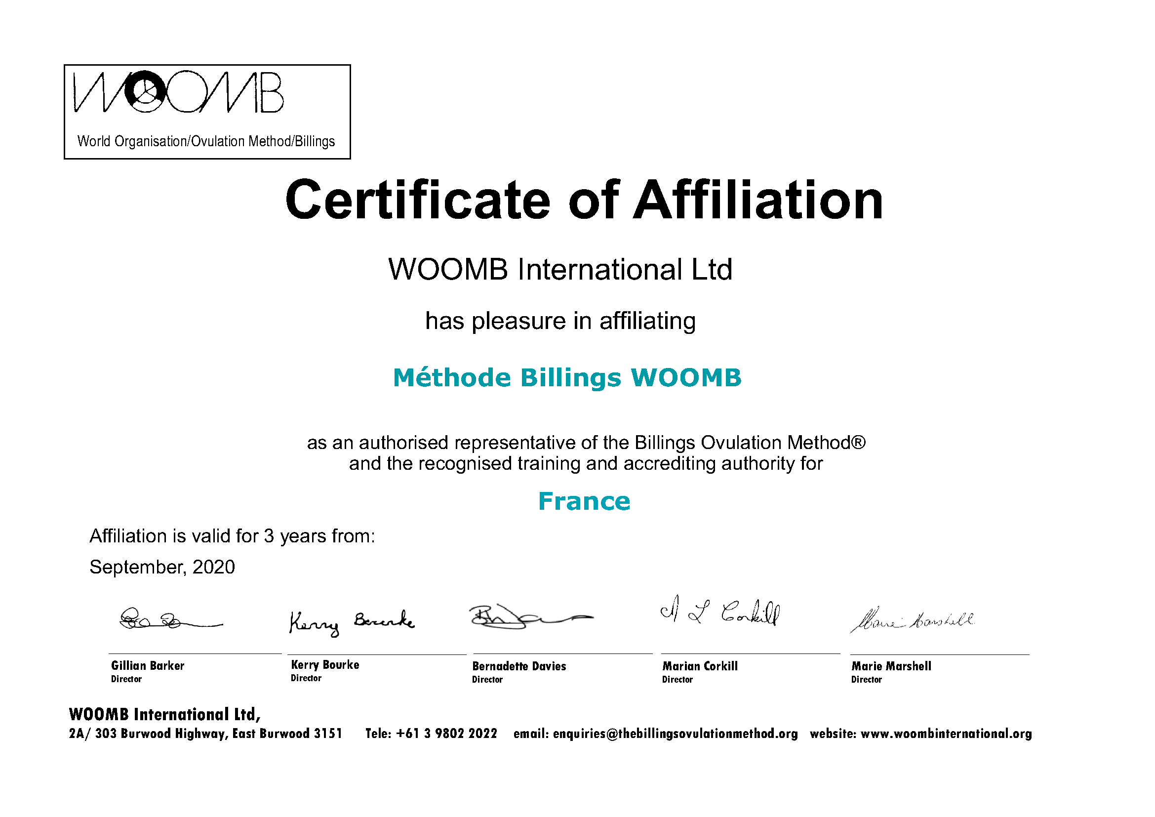 Certificat d'affiliation de Méthode Billings Woomb - France à WOOMB Intl
